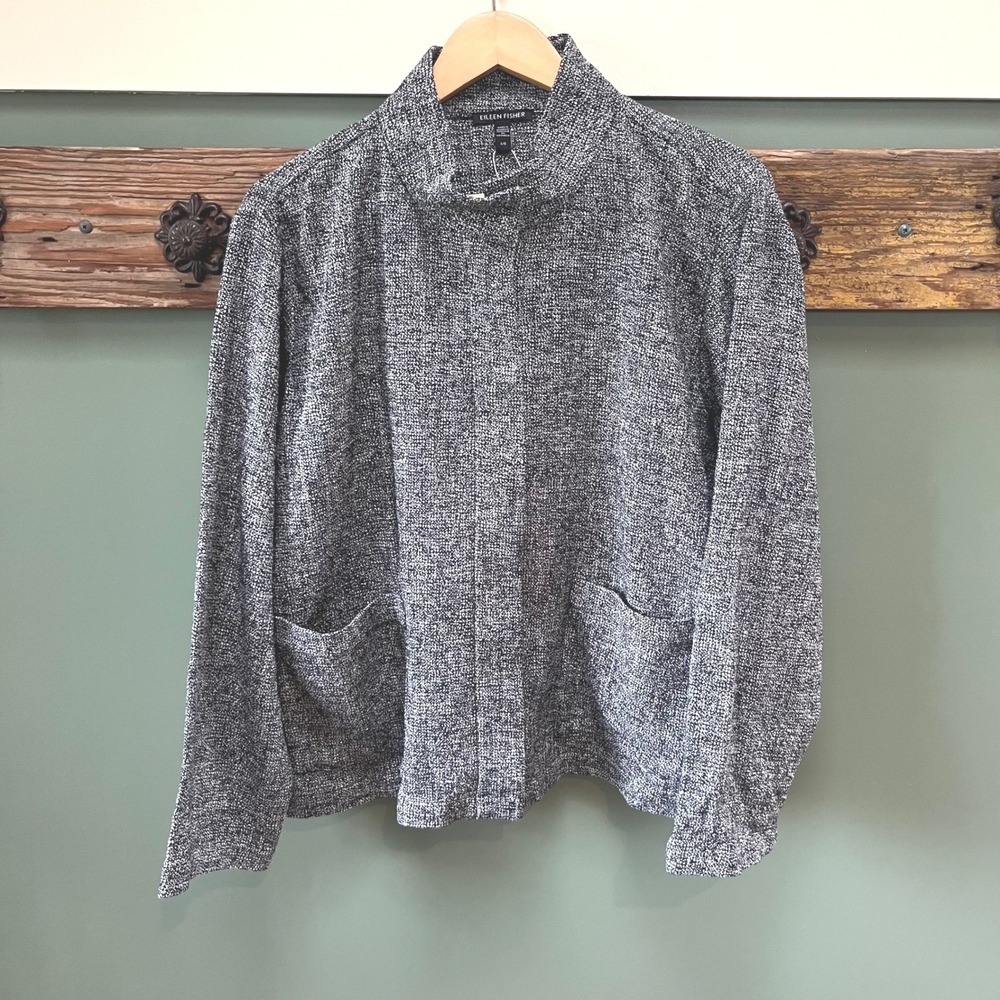 Eileen‎ Fisher Womens Large Black White Textured Organic Cotton Mock Neck Jacket